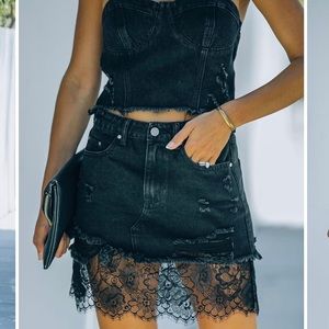 Vici Black Denim Lace Mini Skirt